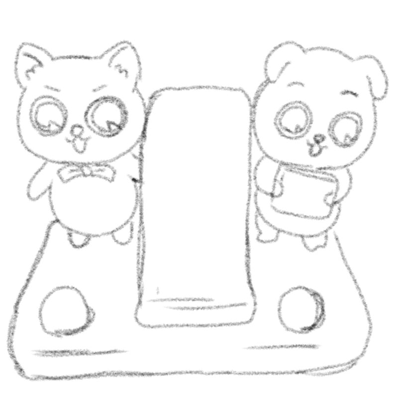 ネコとイヌのスマホスタンドのラフスケッチ