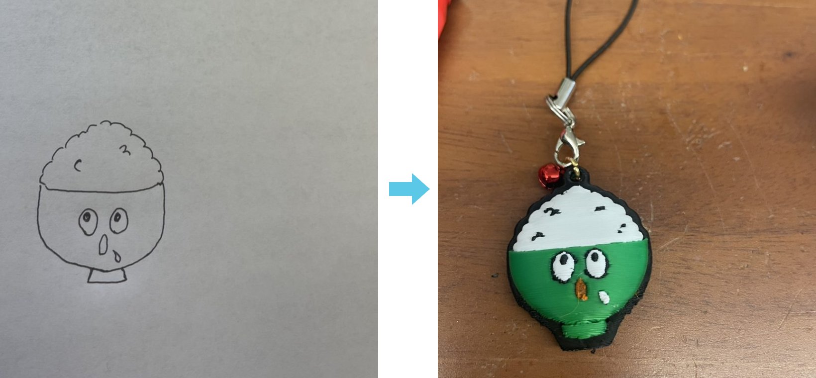 お子さまが描いたごはん茶碗の絵と、それを立体にした鈴付きキーホルダー